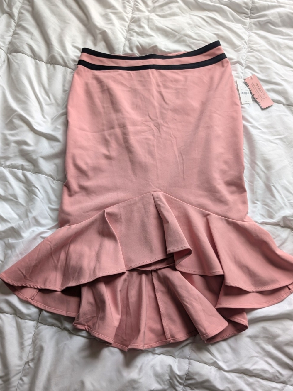 New York & Company Pink High-Low Ruffle-Hem Skirt with Black Trim